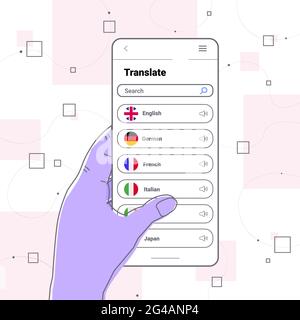 Hand mit mobilen Übersetzungsanwendung mehrsprachige Begrüßung internationale Kommunikation Online-Wörterbuch Stock Vektor