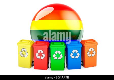 Farbige Recycling-Behälter mit LGBT-Regenbogenflagge, 3D-Darstellung isoliert auf weißem Hintergrund Stockfoto