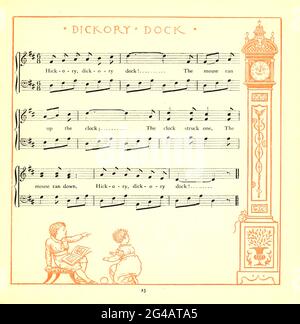 Hickory, dickory, Dock, / die Maus lief die Uhr. / die Uhr schlug ein, / die Maus lief herunter, / Hickory, dickory, Dock. Aus dem Buch "die Kinderoper: Ein Buch mit alten Reimen, mit neuen Kleidern von Walter Crane, und Edmund Evans veröffentlicht in London und New York von F. Warne und co. Im Jahr 1900 Stockfoto