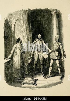 Guy Fawkes, der Sir William Radcliffe daran hindert, sich der Verschwörung anzuschließen, aus dem Buch „Guy Fawkes; oder, der Schießpulver-Verrat. Eine historische Romanze von William Harrison Ainsworth, mit Illustrationen auf Stahl von George Cruikshank. Veröffentlicht in London, von George Routledge and Sons, limitiert 1841. Guy Fawkes (13. April 1570 – 31. Januar 1606), auch bekannt als Guido Fawkes, als er für die Spanier kämpfte, war Mitglied einer Gruppe von englischen Provinzkatholiken, die an dem gescheiterten Schießpulver-Komplott von 1605 beteiligt waren. Er wurde in York geboren und erzogen; sein Vater starb, als Fawkes acht Jahre alt war, Stockfoto