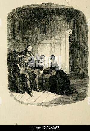 Viviana Radcliffe fleht Guy Fawkes an, die Verschwörung aus dem Buch "Guy Fawkes; oder, der Schießpulver-Verrat. Eine historische Romanze von William Harrison Ainsworth, mit Illustrationen auf Stahl von George Cruikshank. Veröffentlicht in London, von George Routledge and Sons, limitiert 1841. Guy Fawkes (13. April 1570 – 31. Januar 1606), auch bekannt als Guido Fawkes, als er für die Spanier kämpfte, war Mitglied einer Gruppe von englischen Provinzkatholiken, die an dem gescheiterten Schießpulver-Komplott von 1605 beteiligt waren. Er wurde in York geboren und erzogen; sein Vater starb, als Fawkes acht Jahre alt war, nach w Stockfoto