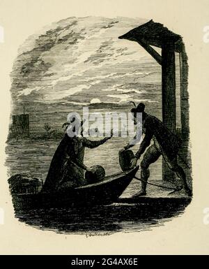 Guy Fawkes und Catesby landen das Pulver aus dem Buch "Guy Fawkes; oder, der Schießpulver Verrat. Eine historische Romanze von William Harrison Ainsworth, mit Illustrationen auf Stahl von George Cruikshank. Veröffentlicht in London, von George Routledge and Sons, limitiert 1841. Guy Fawkes (13. April 1570 – 31. Januar 1606), auch bekannt als Guido Fawkes, als er für die Spanier kämpfte, war Mitglied einer Gruppe von englischen Provinzkatholiken, die an dem gescheiterten Schießpulver-Komplott von 1605 beteiligt waren. Er wurde in York geboren und erzogen; sein Vater starb, als Fawkes acht Jahre alt war, und seine Mutter heiratete danach Stockfoto