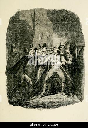 Guy Fawkes wurde von Sir Thomas Knyvet aus dem Buch „Guy Fawkes“ verhaftet; oder, der Schießpulver-Verrat. Eine historische Romanze von William Harrison Ainsworth, mit Illustrationen auf Stahl von George Cruikshank. Veröffentlicht in London, von George Routledge and Sons, limitiert 1841. Guy Fawkes (13. April 1570 – 31. Januar 1606), auch bekannt als Guido Fawkes, als er für die Spanier kämpfte, war Mitglied einer Gruppe von englischen Provinzkatholiken, die an dem gescheiterten Schießpulver-Komplott von 1605 beteiligt waren. Er wurde in York geboren und erzogen; sein Vater starb, als Fawkes acht Jahre alt war, und seine Mutter heiratete danach Stockfoto