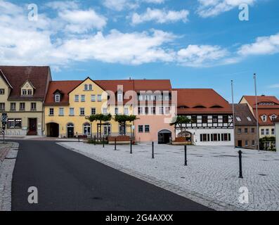 Marktplatz von Lommatzsch in Sachsen Stockfoto
