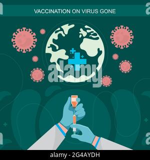 Die Illustration einer Impfung mit grünem Hintergrund, die auf die Impfung in der ganzen Welt hinweist, macht die Sicherheit vor dem Corona-Virus aus Stock Vektor