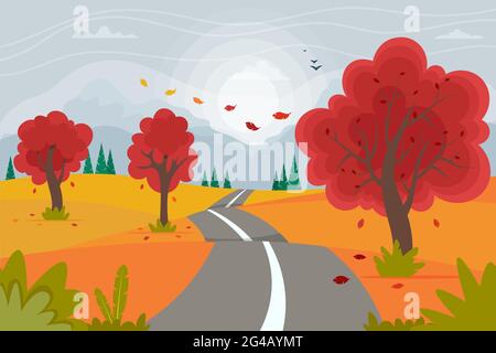 Niedliche herbstliche Straßenlandschaft mit Bergen. Vektorgrafik im flachen Stil Stock Vektor
