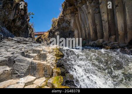 Israel, Golan Heights, Yehudiya Forest Nature Reserve Meshushim Pool - Hexagon Pool so genannt wegen der Form der Basaltfelsen in der Klippe in Stockfoto