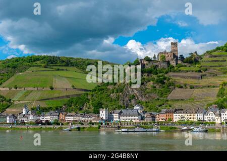 Schloss Gutenfels über Kaub, UNESCO-Weltkulturerbe, Rheintal, Rheinland-Pfalz, Deutschland Stockfoto