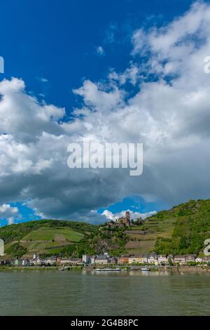 Schloss Gutenfels über Kaub, UNESCO-Weltkulturerbe, Rheintal, Rheinland-Pfalz, Deutschland Stockfoto