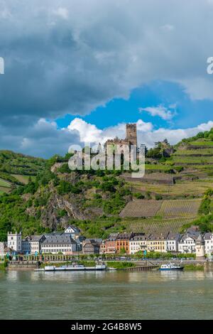 Schloss Gutenfels über Kaub, UNESCO-Weltkulturerbe, Rheintal, Rheinland-Pfalz, Deutschland Stockfoto