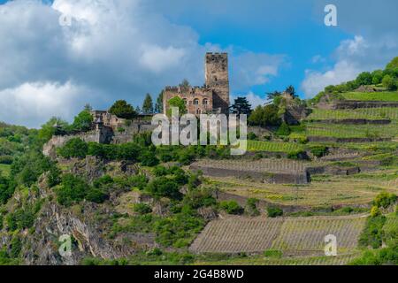 Schloss Gutenfels aus dem 13. Jahrhundert oberhalb von Kaub, ist in Privatbesitz UNESCO-Weltkulturerbe, Rheintal, Rheinland-Pfalz, Deutschland Stockfoto