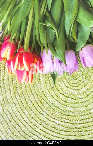 Frühling schöne Tulpen Blumen auf grünen Weidenplatz Matte Hintergrund. Muttertag, Grußkarte festlich dekorativen floralen Komposition. Stockfoto