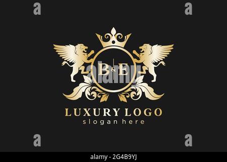 BE Letter Lion Royal Luxury Logo Vorlage in Vektorgrafik für Restaurant, Royalty, Boutique, Cafe, Hotel, Wappentisch, Schmuck, Mode und andere Vektor il Stock Vektor