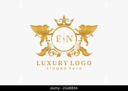 EN Letter Lion Royal Luxury Logo Vorlage in Vektorgrafik für Restaurant, Royalty, Boutique, Cafe, Hotel, Wappentisch, Schmuck, Mode und andere Vektor il Stock Vektor