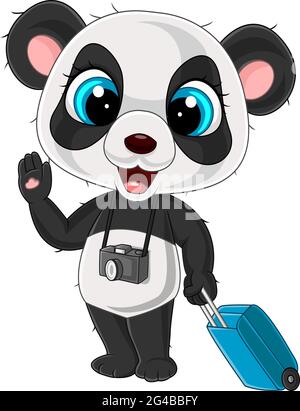 Cartoon lustige Panda mit Kamera und Gepäck Stock Vektor