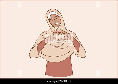 Islam Frauen und Liebe Konzept. Junge lächelnde muslimische Frau in traditioneller Kleidung Cartoon-Figur stehend und bilden Herzform aus Fingern Blick auf die Kamera Stock Vektor