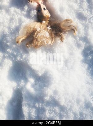 Kopf der blonden, blauäugigen Puppe, die im Schnee liegt. Konzept von anders, seltsam, Einsamkeit, Einsamkeit Stockfoto