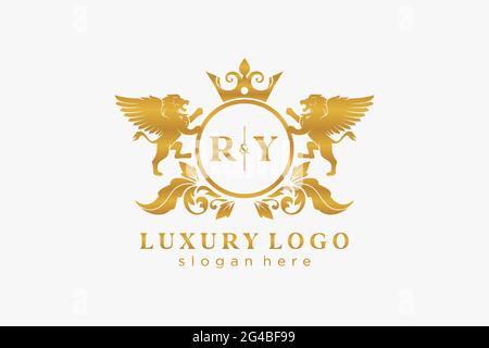 RY Letter Lion Royal Luxury Logo Vorlage in Vektorgrafik für Restaurant, Royalty, Boutique, Cafe, Hotel, Wappentisch, Schmuck, Mode und andere Vektor il Stock Vektor