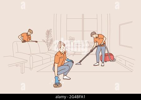 Mitarbeiter, die als Reinigungskräfte im Servicekonzept arbeiten. Gruppe PF Menschen Arbeiter Reinigungspersonal Aufräumen Wohnung Zimmer machen Reinigung in einheitlichen Vektor-Illustration Stock Vektor