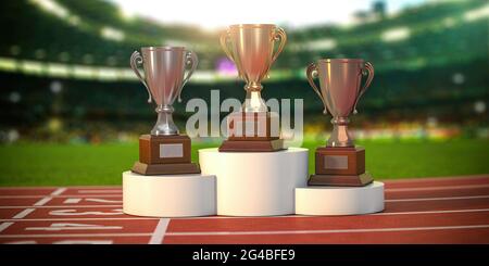Sportpokale auf dem Sockel im Stadion. Wettbewerb, Meisterschaftsgewinnerinnen belohnen. 3d-Illustration Stockfoto
