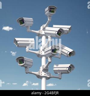 CCTV-Überwachungskameras auf der Stange. Sicherheits- und Schutzkonzept. 3d-Illustration Stockfoto