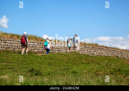 Menschen und Familien, die entlang eines Abschnitts der clayton-Mauer auf dem Rasen wandern, während sie auf dem nationalen Fernwanderweg Hadrians Wall spazieren Stockfoto