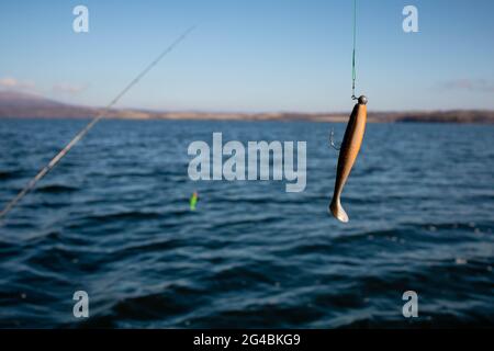 Angeln Köder auf dem Haken über dem See Wasser Stockfoto