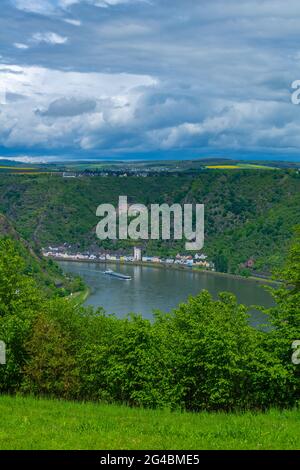 Loreley Blick von der Loreley Ansicht Maria Ruh gegenüber dem Loreley Felsen, Urbar, UNESCO Weltkulturerbe, Rheinland-Pfalz, Deutschland Stockfoto