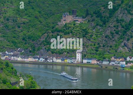 Loreley Blick von der Loreley Ansicht Maria Ruh gegenüber dem Loreley Felsen, Urbar, UNESCO Weltkulturerbe, Rheinland-Pfalz, Deutschland Stockfoto