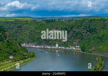 Loreley Blick von der Loreley Ansicht Maria Ruh gegenüber dem Loreley Felsen, Urbar, UNESCO Weltkulturerbe, Rheinland-Pfalz, Deutschland Stockfoto