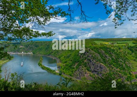 Loreley Blick von der Loreley Ansicht Maria Ruh gegenüber dem Loreley Felsen, Urbar, UNESCO Weltkulturerbe, Rheinland-Pfalz, Deutschland Stockfoto