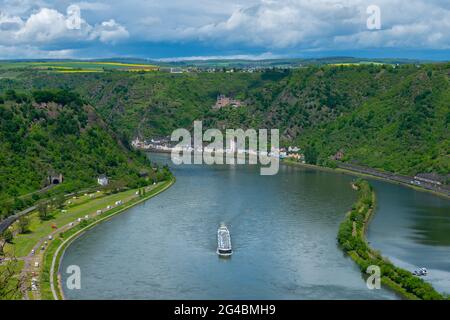 Loreley Blick von der Loreley Ansicht Maria Ruh gegenüber dem Loreley Felsen, Urbar, UNESCO Weltkulturerbe, Rheinland-Pfalz, Deutschland Stockfoto