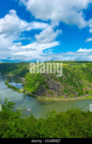 Loreley Blick von der Loreley Ansicht Maria Ruh gegenüber dem Loreley Felsen, Urbar, UNESCO Weltkulturerbe, Rheinland-Pfalz, Deutschland Stockfoto