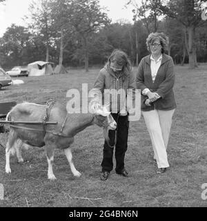 80er Jahre, historischer Spaß für die ganze Familie, draußen auf einem Feld auf einem Campingplatz auf einer Farm, ein junges Mädchen im Begriff, eine Fahrt auf einem Wagen von einer Ziege gezogen, Hordle, Hampshire, England, Großbritannien. Eine Ziege und ein Karren waren einst ein üblicher Anblick auf den Straßen vieler Länder auf der ganzen Welt, von königlichen Familien für ihre Kinder zu genießen, bis hin zu arbeitenden Menschen, wo die Karren - oft aus recycelten Materialien - für den Transport von landwirtschaftlichen Produkten wie Milch verwendet wurden, Bier und Gemüse. Stockfoto