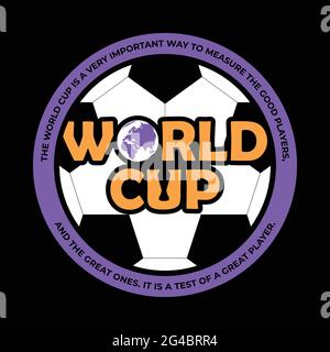WM-Vektor-T-Shirt mit Weltkarte, WM-Ikone und Fußball. Stock Vektor