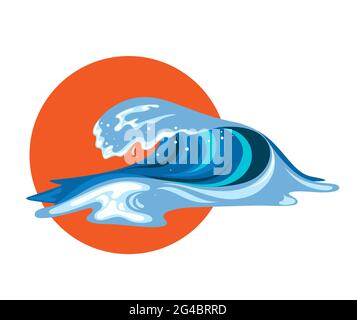 Japanische Tsumani-Welle im flachen Cartoon-Stil. Großer blauer tropischer Wasserspritzer mit weißem Schaum. Vektorgrafik auf weißem Hintergrund Stock Vektor