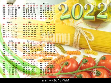 Kalender für 2022 mit Platz für Bild. Rohe Spaghetti und Tomaten. Lebensmittelkonzept. Ready Kalender Poster Stockfoto