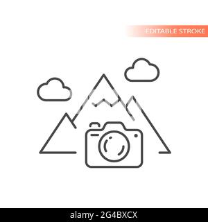 Fotokamera, Naturfotografie-Liniensymbol. Berg mit Wolken, Bildvektorsymbol, bearbeitbarer Strich. Stock Vektor