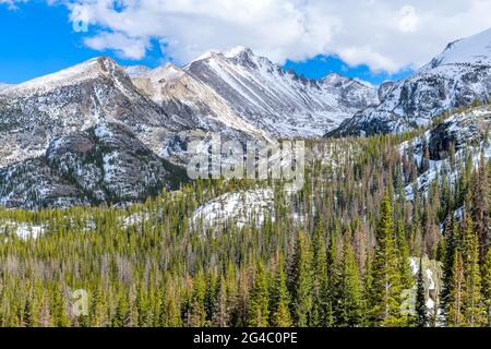 Longs Peak - EIN sonniger Blick auf den schroffen Longs Peak und die Glacier Gorge, vom Emerald Lake Trail aus gesehen, im Rocky Mountain National Park, CO, USA. Stockfoto