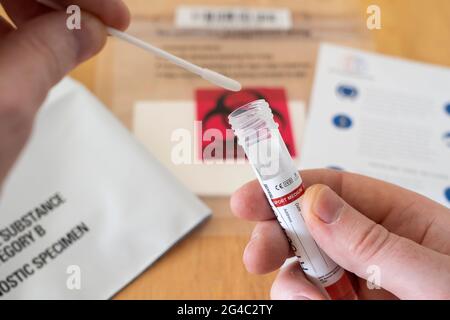 Die britischen Testanforderungen erfordern einen Tag 2 / 8-Test während des Covid-19. Mann, der einen PCR-Nasen-/Rachenabstrich in ein Reagenzglas eingibt. Juni 2021 Stockfoto