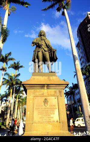 MAURITIUS. PORT-LOUIS, DIE HAUPTSTADT. MAHE DE LA BOURDONNAIS STATUE, DIE DIE STADT GEBAUT HAT Stockfoto