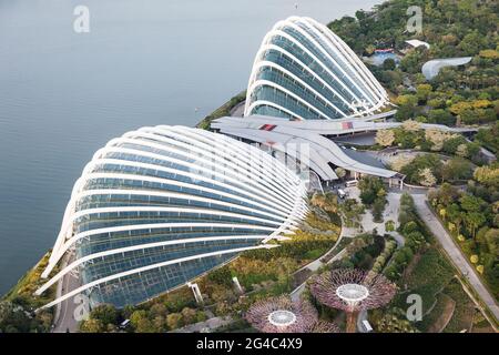 Luftaufnahme des Flower Dome und der Cloud Forest Dome in Singapurs Gärten an der Bucht Stockfoto