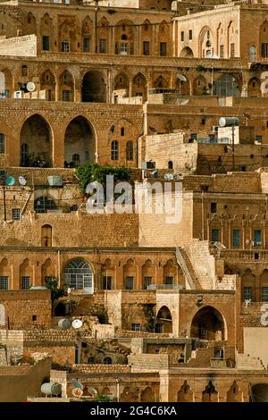 Blick über die historischen Häuser in der Altstadt von Mardin, Türkei. Stockfoto