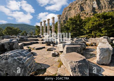 Überreste der antiken Stadt Priene mit den Säulen des Tempels von Athene, Türkei Stockfoto