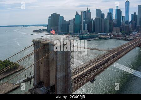 Panorama-Luftaufnahme Manhattan wunderschönes Stadtbild Brooklyn Bridge-Panorama New York City, USA Stockfoto