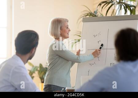 Eine Geschäftsfrau mittleren Alters coacht das Schulungspersonal und zeigt auf das Flipchart Stockfoto