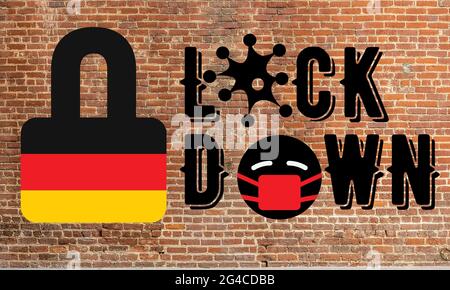 Deutschland Sperrung für Coronavirus-Ausbruchsquarantäne. Covid-19 Pandemic Crisis Emergency. Abbildung des Konzepts der Sperrung der deutschen Flagge Stockfoto