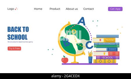 Online-Bildungskonzept. Bücher und Globus für die Werbeaktion „Back to School“. Vektorvorlage für Banner, Einladung, Anzeige, Landing Page. Vecror modernes Design Stock Vektor