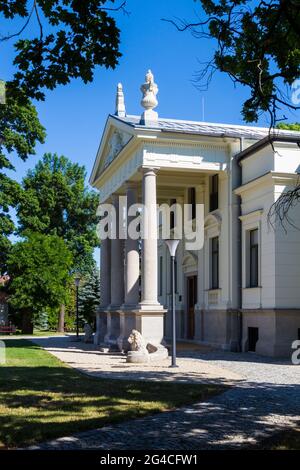 Haupteingang mit Säulen und Tympanon der Lenck-Villa, Sopron, Ungarn Stockfoto