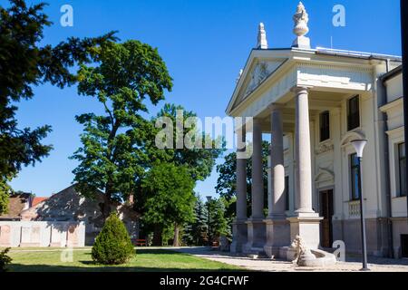 Haupteingang mit Säulen und Tympanon der Lenck-Villa, Sopron, Ungarn Stockfoto